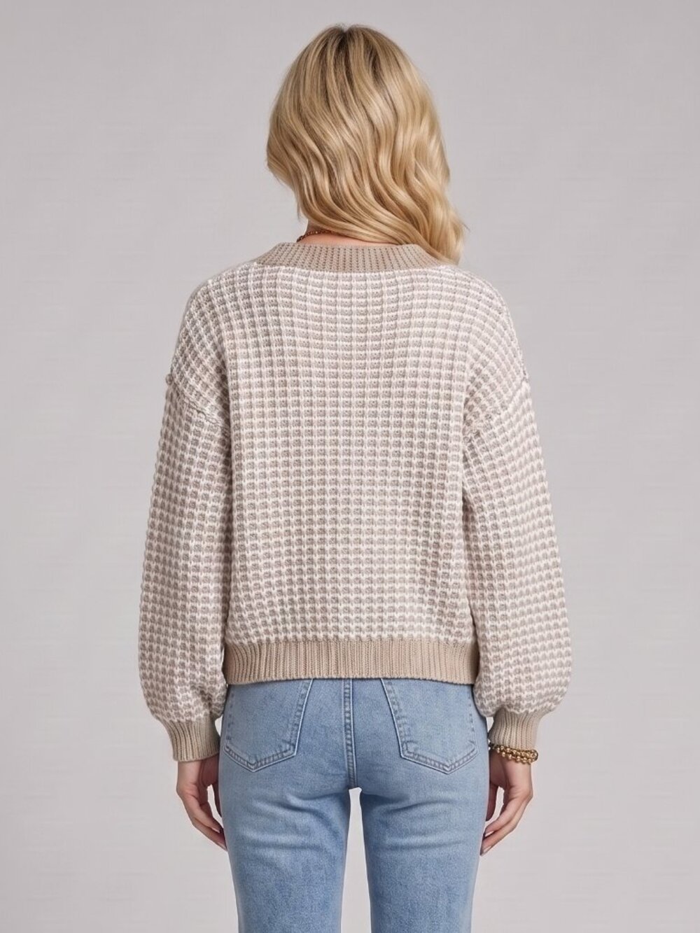 Women's Beige White Knit Cardigan V Neck Button Front Long Sleeve Sweater - Picture 2 of 5